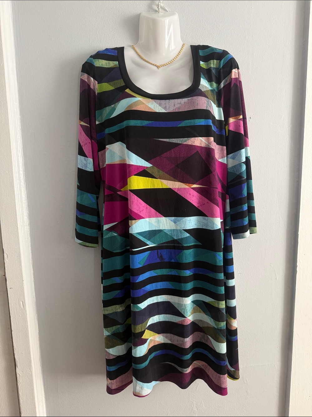 Calvin Klein Multicolor Geometric Long Sleeve Scoop Neck Dress
